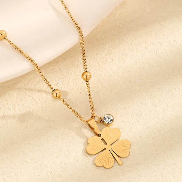 TUMse Lucky Bloom Anti-Tarnish Gold Plated Four Leaf Clover Pendant Necklace – Stainless Steel Crystal Chain