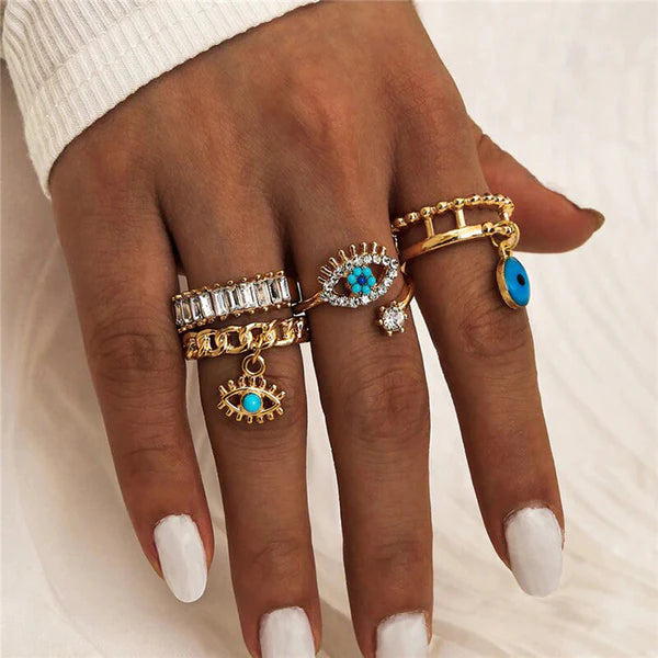 TUMse Nazar Luxe Gold Plated Evil Eye Ring Set (Set of 4)