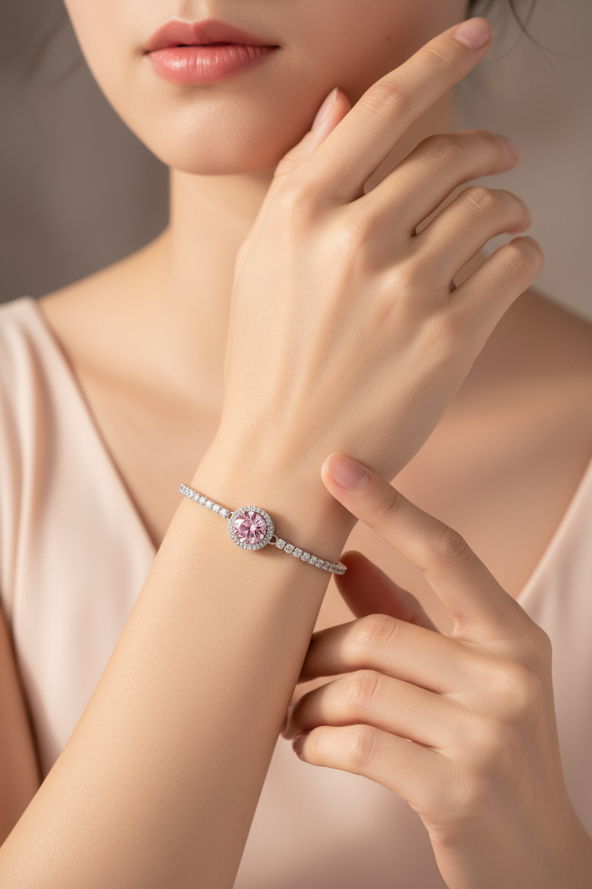 Close-up of pink crystal bracelet on wrist