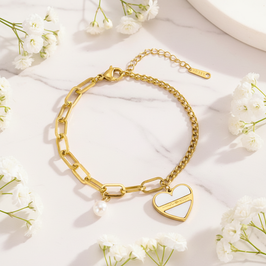 Pearl Heart Bracelet – White Marble