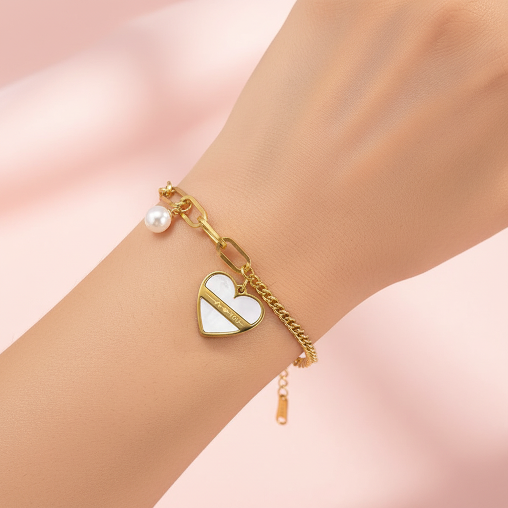 Pearl Heart Bracelet – Wrist Top View