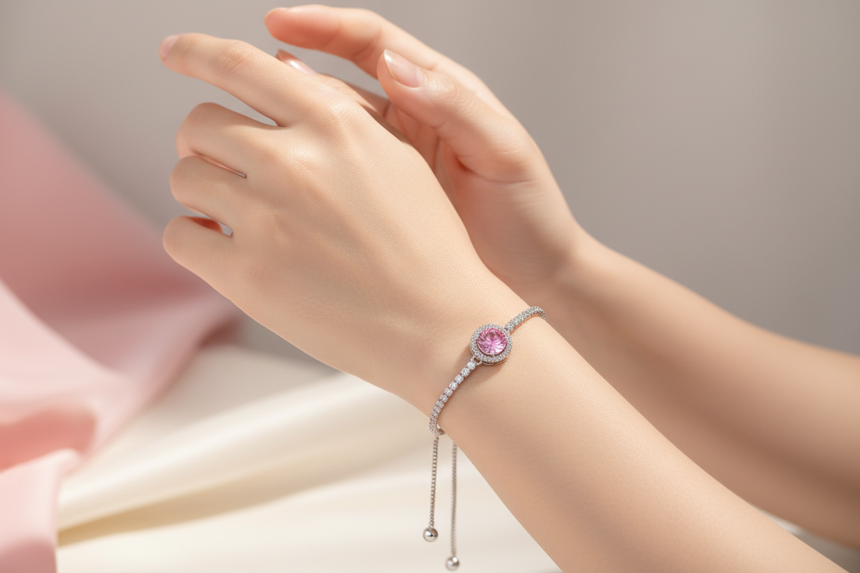 Pink crystal bracelet on wrist - lifestyle shot
